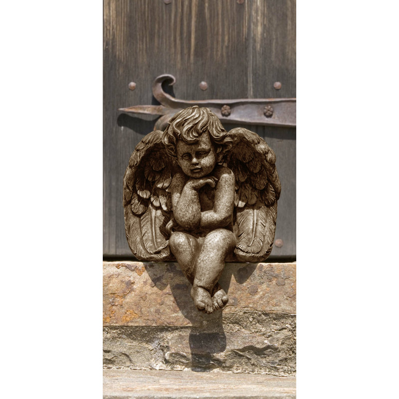 Seated Small Cherub Statue, Aged Limestone