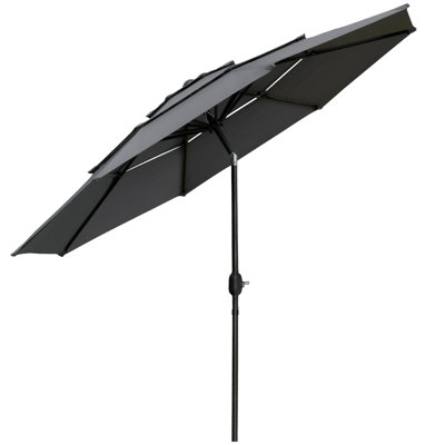 Parasol de patio 3 niveaux 9FT avec manivelle à bouton-poussoir inclinable gris clair