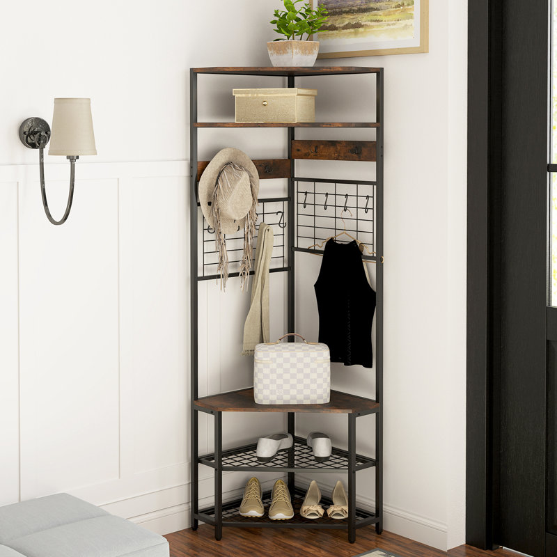 5-Tier Corner Hall Tree with Shoe Storage Bench, Brown