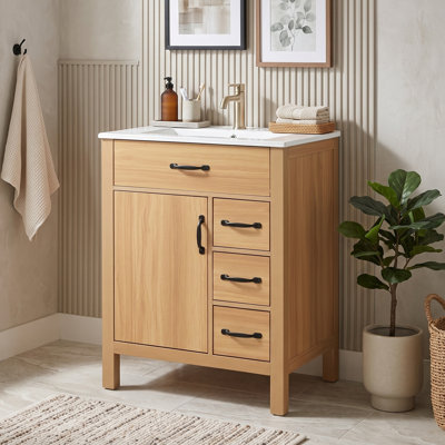 Meuble-lavabo autoportant moderne avec lavabo en céramique, tiroirs à fermeture en douceur, tiroir rabattable et porte à double couche