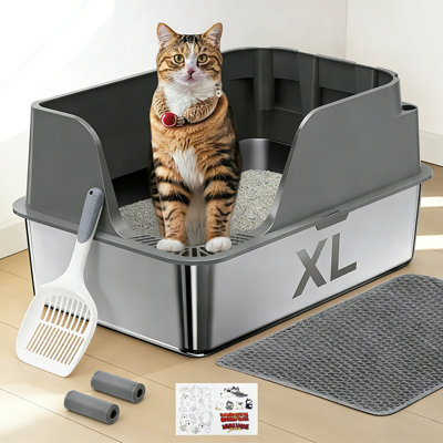 Extra Large Stainless Steel Leak-Proof Cat Litter Box with Lid, Scoop, Easy Cleaning, Gray 
