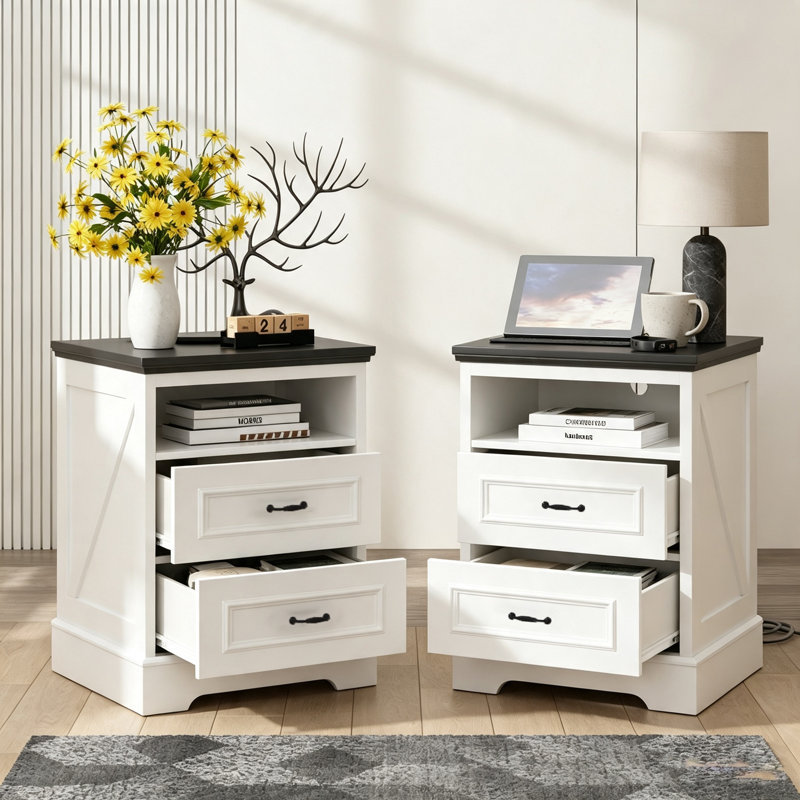 Farmhouse Nightstand, Bedside Table with Charging Station, White, Individual