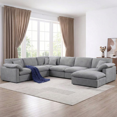 144" Chenille Sectional Corner Sofa 7 Pieces Oversized Comfy Modular Reversible Couch With Upholstered Movable Ottoman by Mercer41