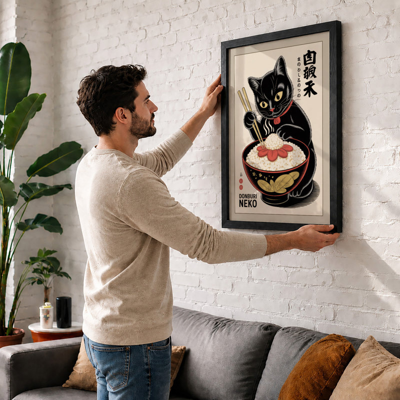 Beckoning Noodle Cat Japandi - Framed Print, A2 - 59.4 x 42.0 cm, Walnut