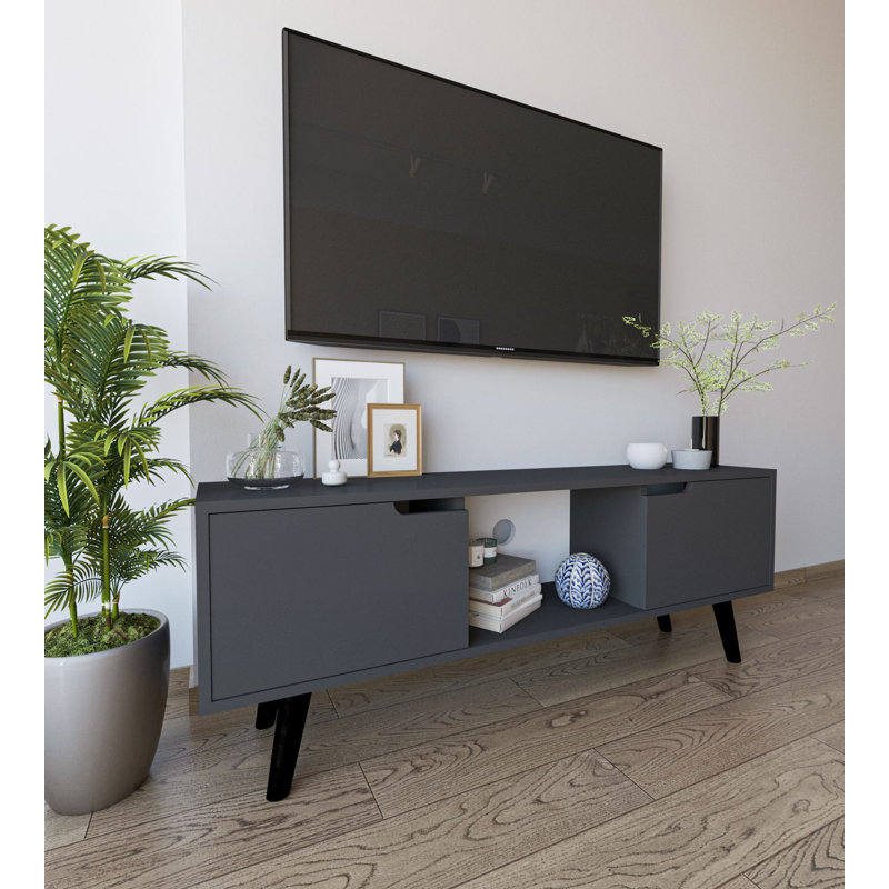 Meuble télé pour téléviseur de 58 po ou moins avec tablettes ouvertes et pieds en bois, Anthracite