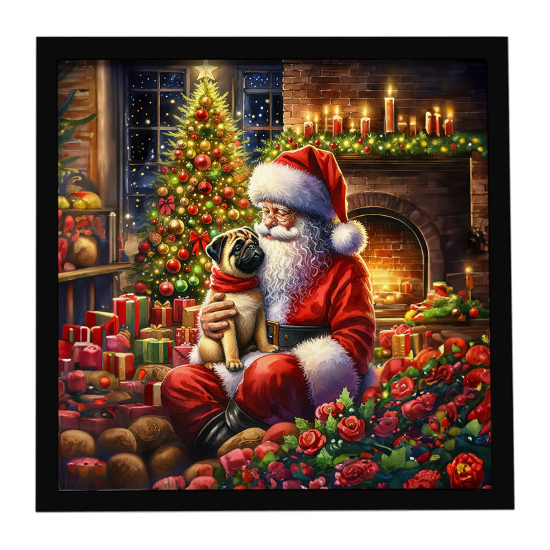 «Fawn Pug and Santa Claus», reproduction d'art encadrée