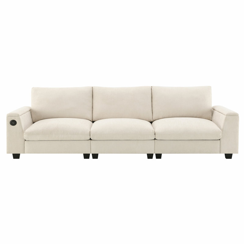 Sectional Sofa with Bluetooth Speaker, Comfy Cloud Couch Set with Drop Down Table, Cup Holders, USB Charger, Beige Chenille