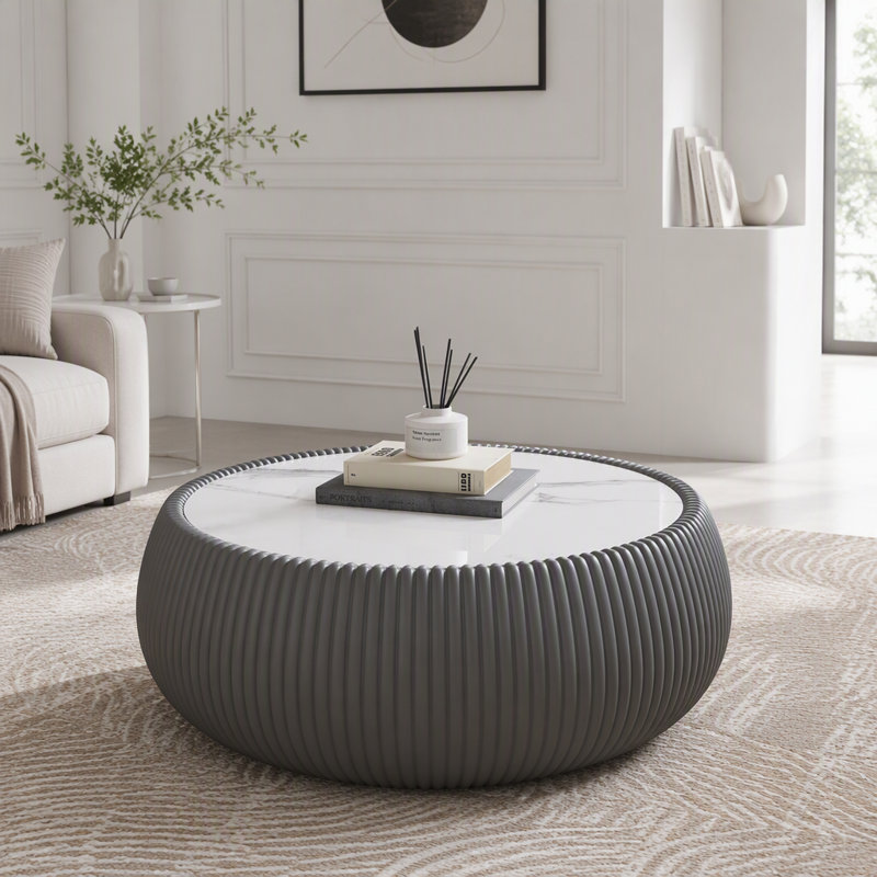 Table basse cylindrique avec plateau en pierre frittée et cuir, Or, gris / blanc