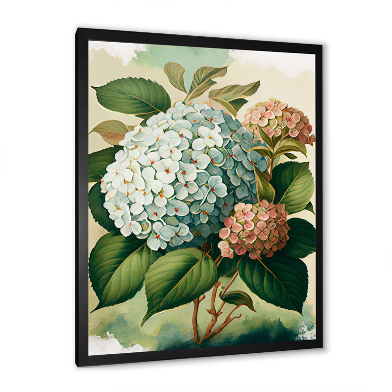 Hydrangena bleu rétro II - art mural floral, Impression noire sur toile encadrée, H 20 po x l 12 po x P 1 po