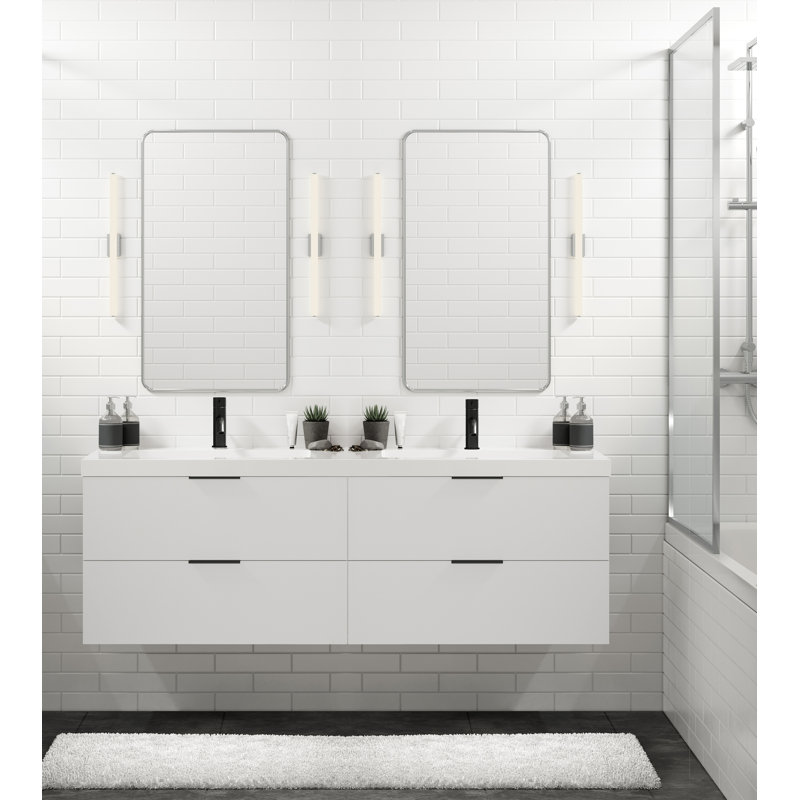 Avila 60" W Wall Mounted Double Bathroom Vanity, Matte Black, Matte White/Single, White Acrylic