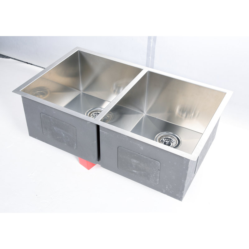 32'' L Double Bowl Stainless Steel Kitchen Sink, Brushed Stainless Steel