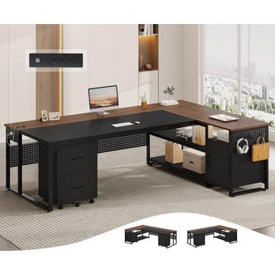 71" L-Shaped Executive Desk with Mobile File Cabinet and Power Outlets