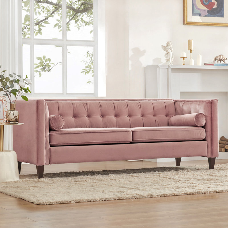 Chelsea 77'' W Mid Century Upholstery Tufted Sofa, Pink Velvet, Wood Framework
