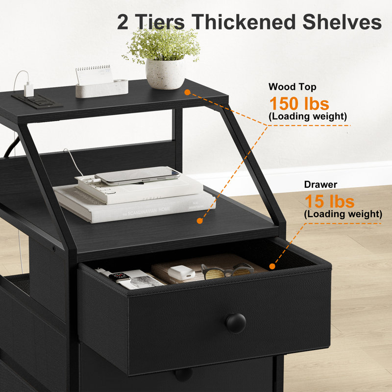 Travison Nightstands with 3 Drawers & Outlets, Bedside Tables with 2 USB Ports & 2-Tier Open Shelf, Black, Individual