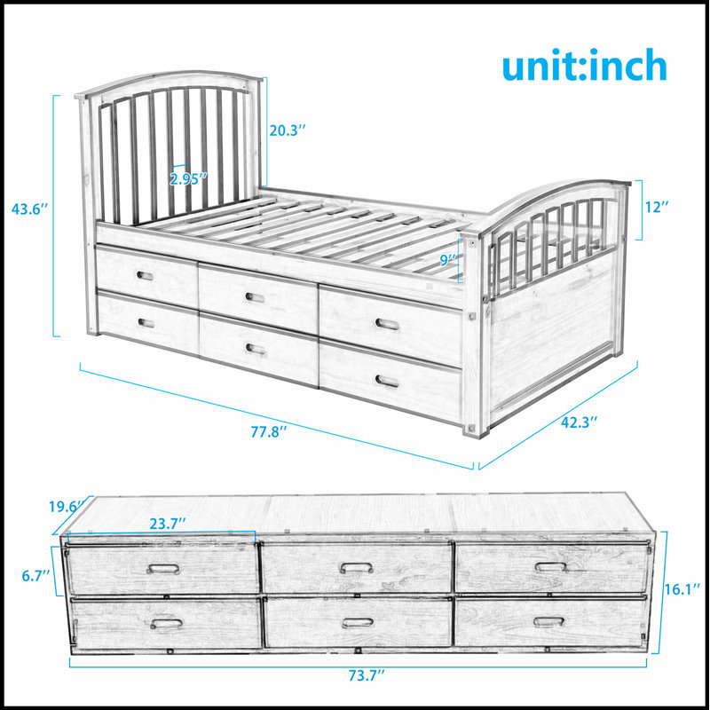 Lit plateforme en bois massif avec 6 tiroirs, parfait pour les enfants et les intérieurs modernes, durable et écologique.