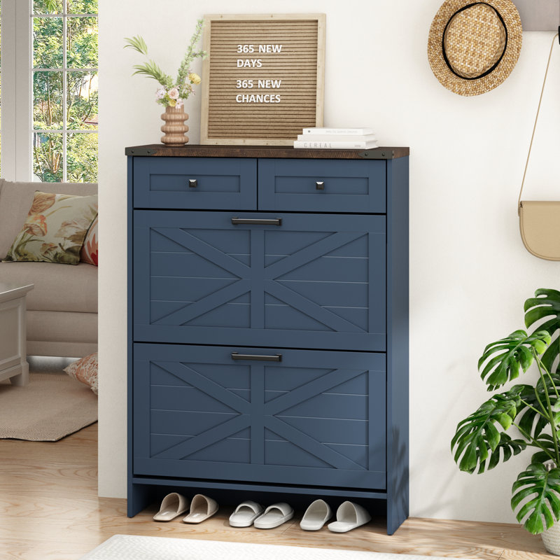 Farmhouse 16 Pair Shoe Cabinet with 2 Storage Drawers, Navy