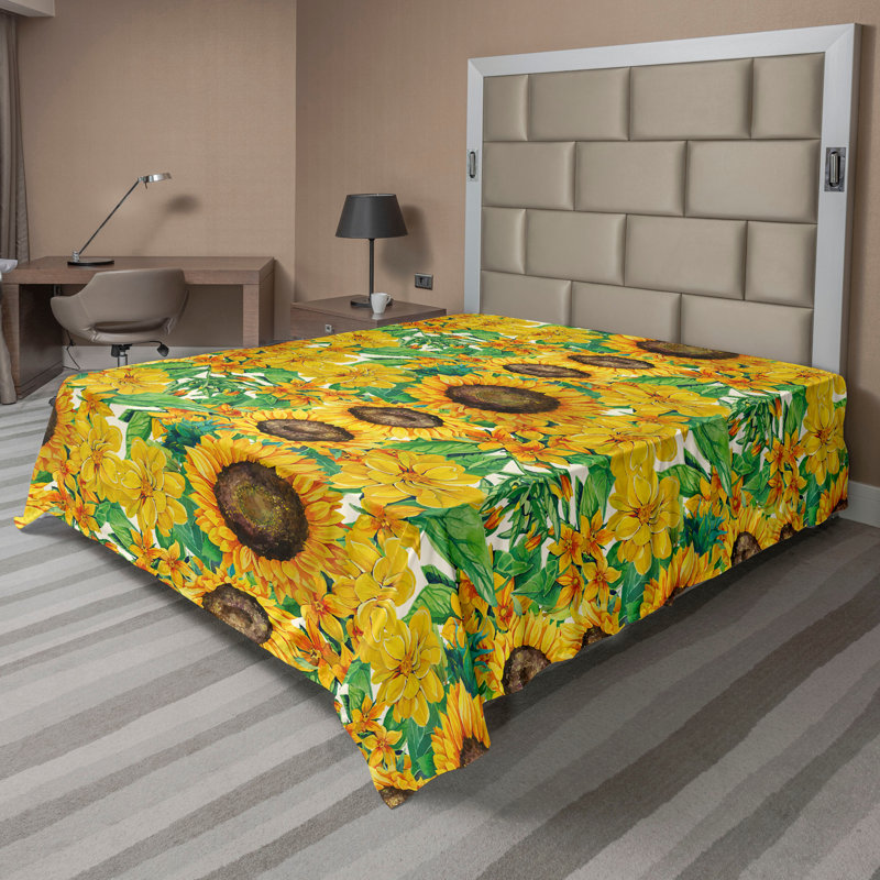 Drap plat à motif floral bohème Ambesonne, Drap plat pour très grand lit californien, Terre, jaune, vert fougère / floral 2