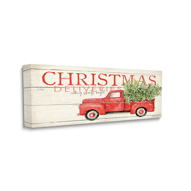 «Christmas Deliveries», camion rouge sur toile, H 17 po x l 40 po x P 1,5 po