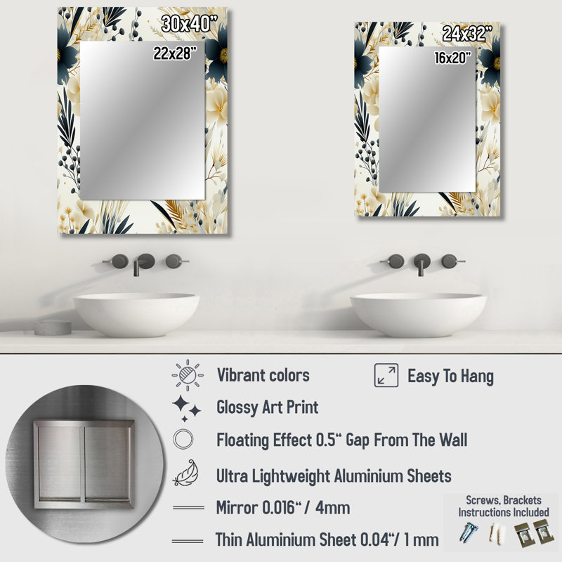 Neutral Greys Flowers Accents - botanical  Mirror, Botanical Unique Wall Mirror, Printed Metal Art, 40" x 30"