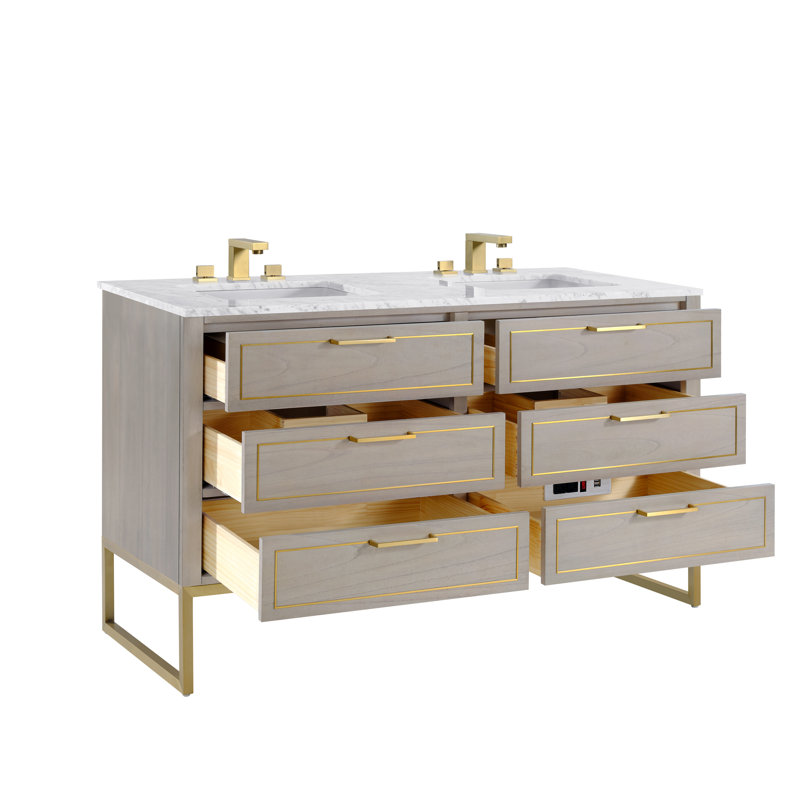 Markham 60'' W Double Vanity, Cashmere Gray, Carrara Marble, Satin Brass