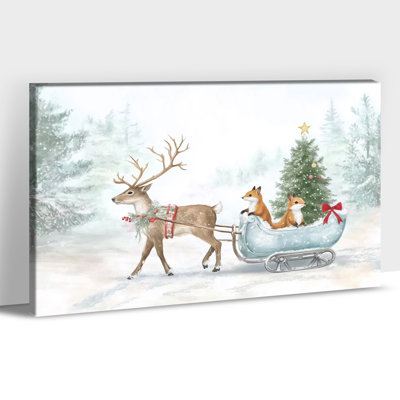 Grand art mural de Noël sur toile, renard, traîneau, scène d'hiver, arbre de Noël, impressions sur toile, affiche murale d'art de vacances pour décor de cuisine de salle de bain maison de ferme, prêt à être accroché, 32 po x 48 po