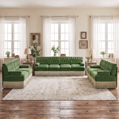 Ensemble de canapés Chesterfield surdimensionnés verts 3 pièces, 2 canapés 2 places et 1 canapé 4 places en velours capitonné avec jupe à pompons, canapé rembourré en mousse haute densité pour salon