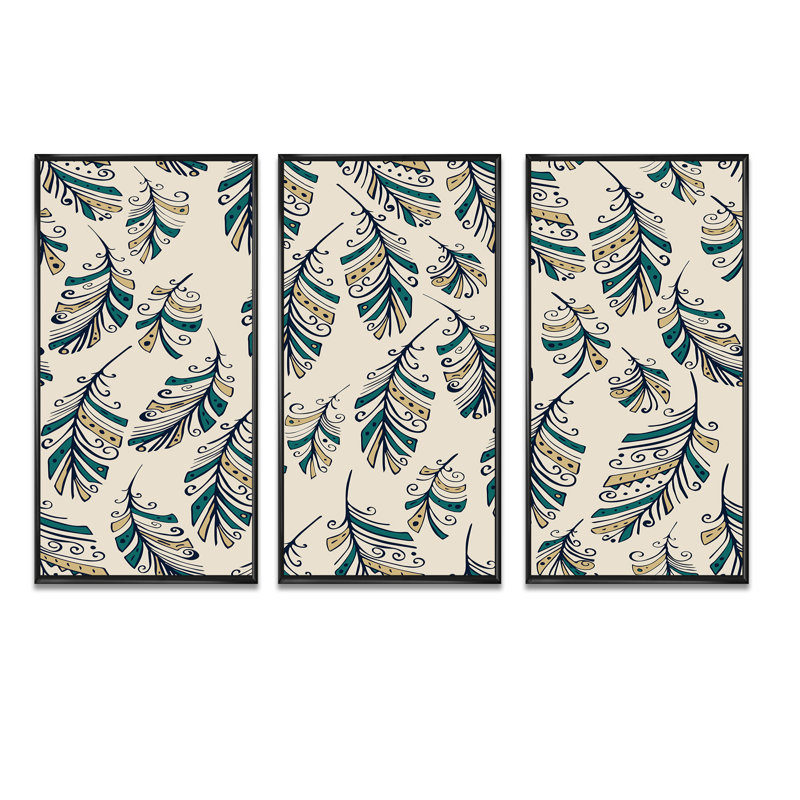 Green Boho Feathers - 3 pièces, reproduction sur toile, Cadre noir, H 28 po x l 36 po x P 1 po
