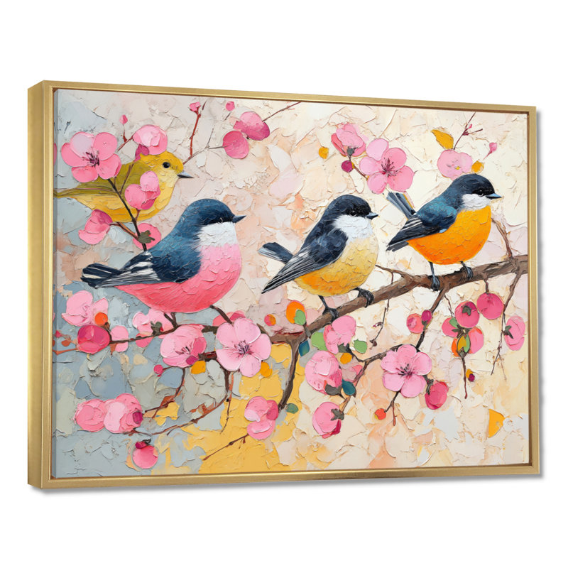 Décoration murale rose, oiseaux noirs et branches I - décoration murale oiseau, Cadre flottant doré, H 30 po x l 40 po