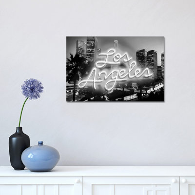 Neon Los Angeles White On Black by Hailey Carr - Wrapped Canvas Print