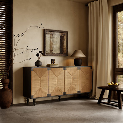 Accent Natural Sideboard Buffet Cabinet Storage Wood TV Stand In Wire-Brushed And Seagrass Doors Sideboard, For Hallway, Entryway Or Dining Room