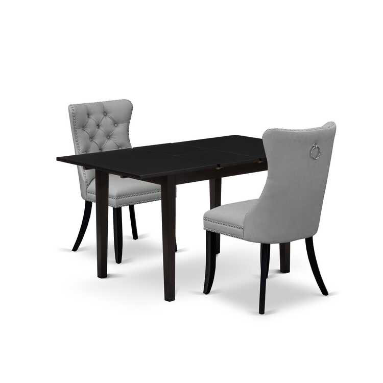 3-Piece Rectangular Solid Wood Top with Butterfly Leaf Dining Table Set, Black, Light Gray