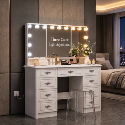 Meuble-lavabo blanc mat 54,1 po avec 9 tiroirs et miroir tactile tricolore