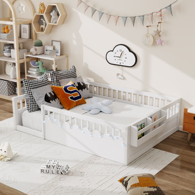 Full Size Floor Bed For Children With High Rails,Light And Storage Shelf, White
