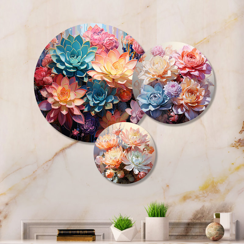 Impression murale succulente colorée et romantique II sur métal, impression de 3 pièces