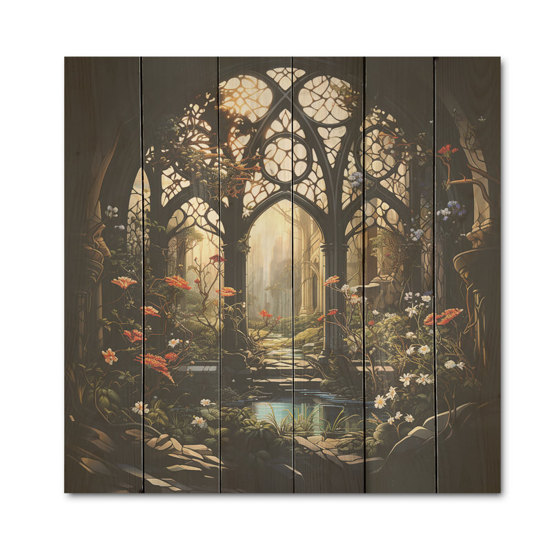 Église, paysage floral confessionnel - Église murale, art mural sur bois de pin naturel, H 30 po x l 30 po