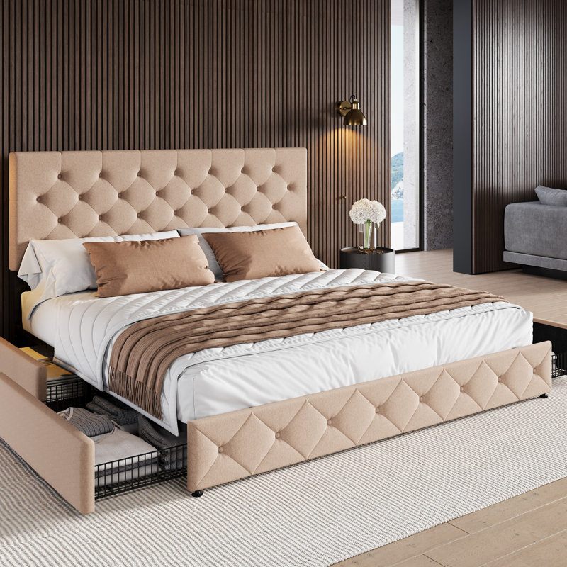 Lit plateforme tapissier avec 4 tiroirs et capitonnage élégant Zelna, Très grand, Beige