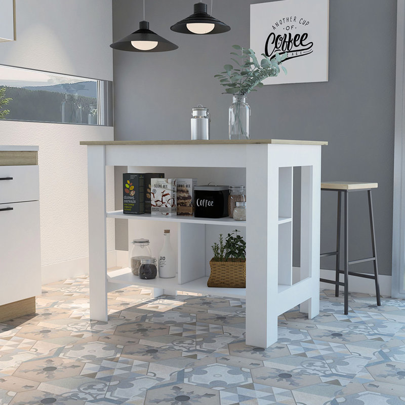 Kitchen Island, Four Legs, Three Shelves, White/Natural