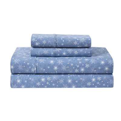 Hallmark Snowflakes Blue Brushed Cotton Flannel Bed Sheet Set, Twin