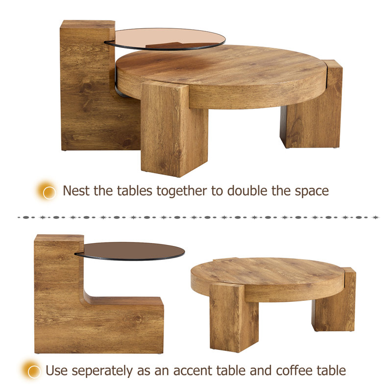2-Piece Modern Round Nesting Coffee Table Set For Home & Apartment, 29.9" H x 29.9" L x 17.3" W, Wood