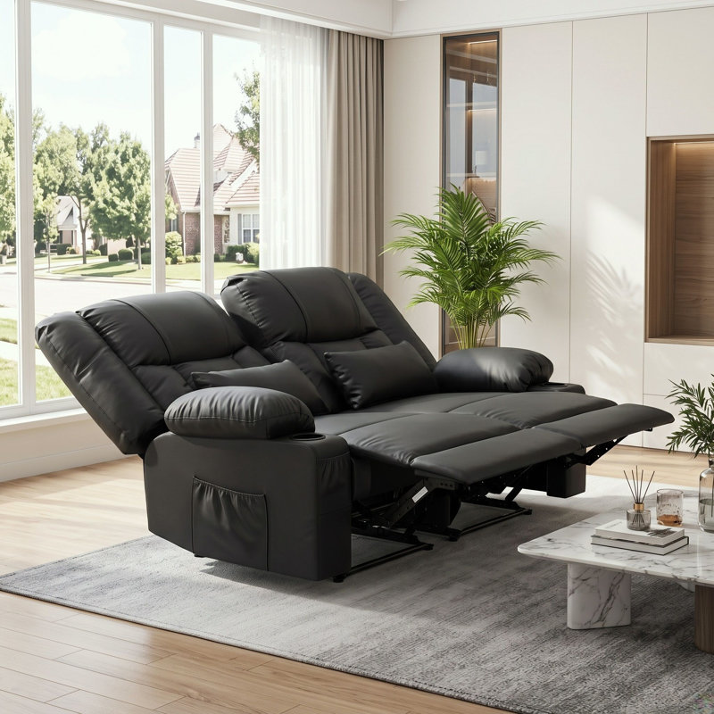 Causeuse inclinable noire à 2 places avec massage par vibrations, chaleur lombaire et porte-gobelets