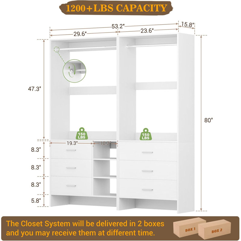 53.2'' Closet System with Wooden Drawers and Hanging Rods, White