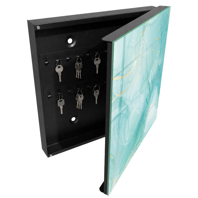Wall mounted key box, Opens to the left, 30x30x5, Black, Turquoise watercolor with white drops and lines, 