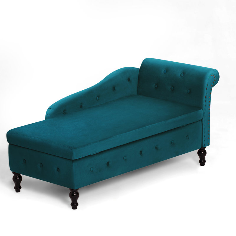 Chaise longue en velours avec accoudoir droit et espace de rangement, Sarcelle