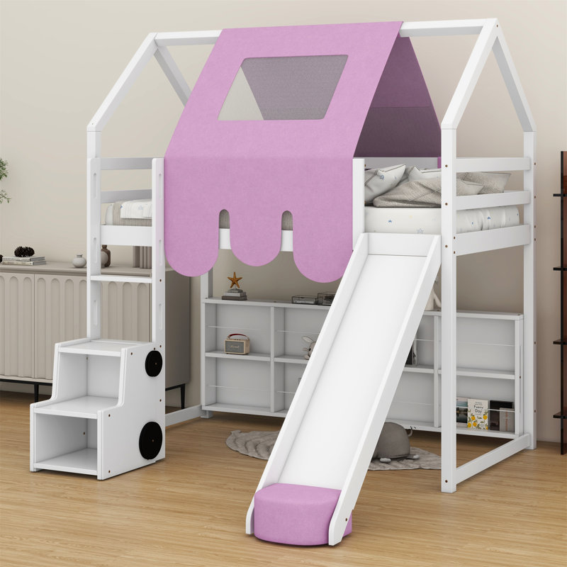 Structure de lit avec tente Armelia, Lit simple, Blanc / rose
