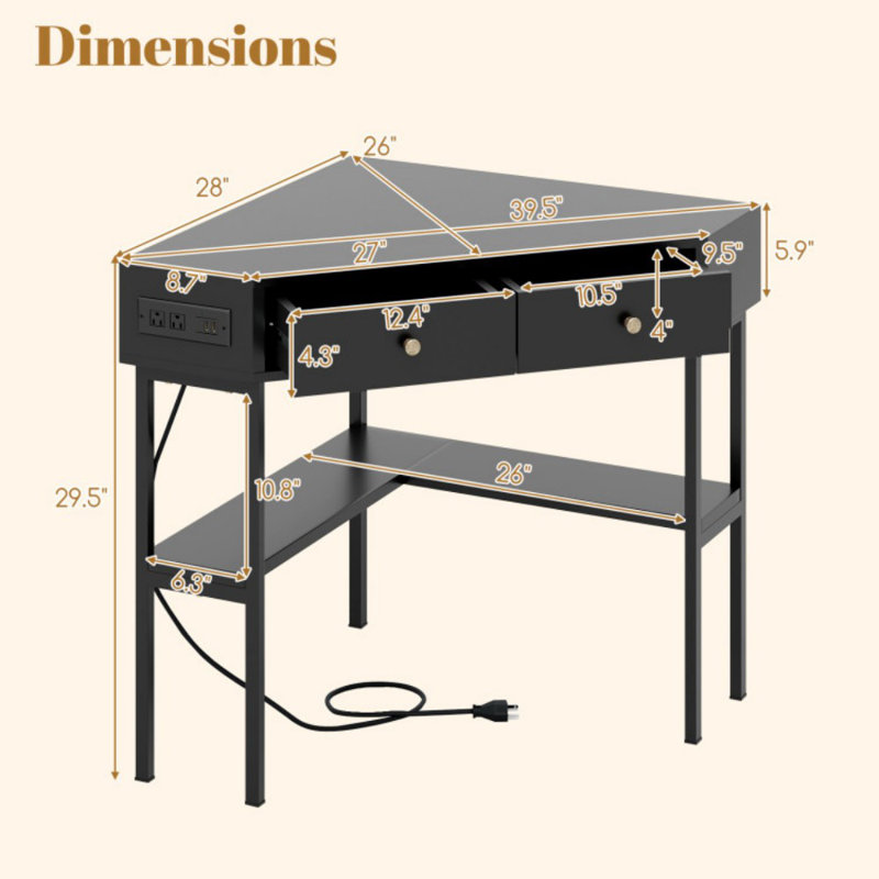 Triangle Corner Desk With Charging Station With 2 Drawers And Storage Shelf, Black