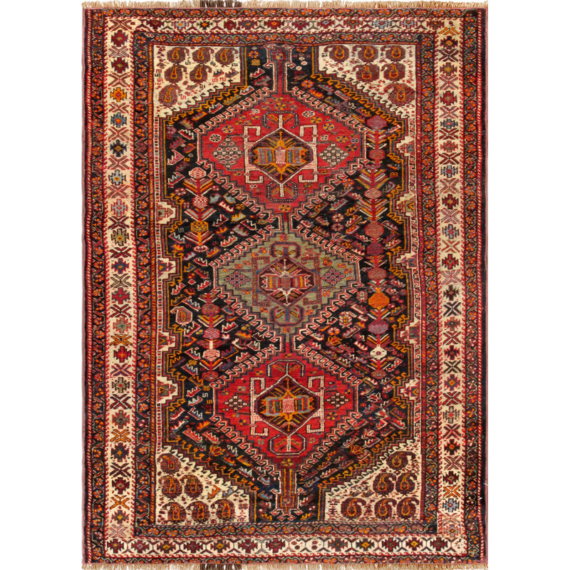 Tapis rouge / ivoire / noir en laine noué à la main Vintage