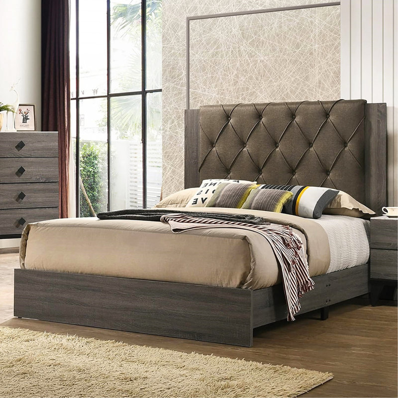 Lit de chambre à coucher contemporain contemporain 1pc avec tête de lit capitonnée en bois d'hévéa 1pc