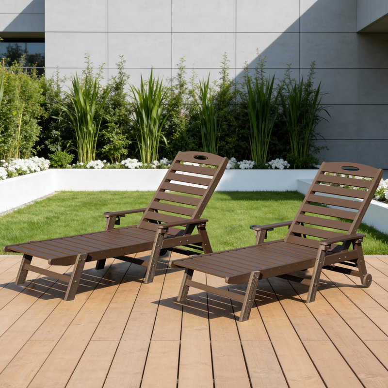 Chaises longues d'extérieur inclinables avec rangement (ensemble de 2), Brun