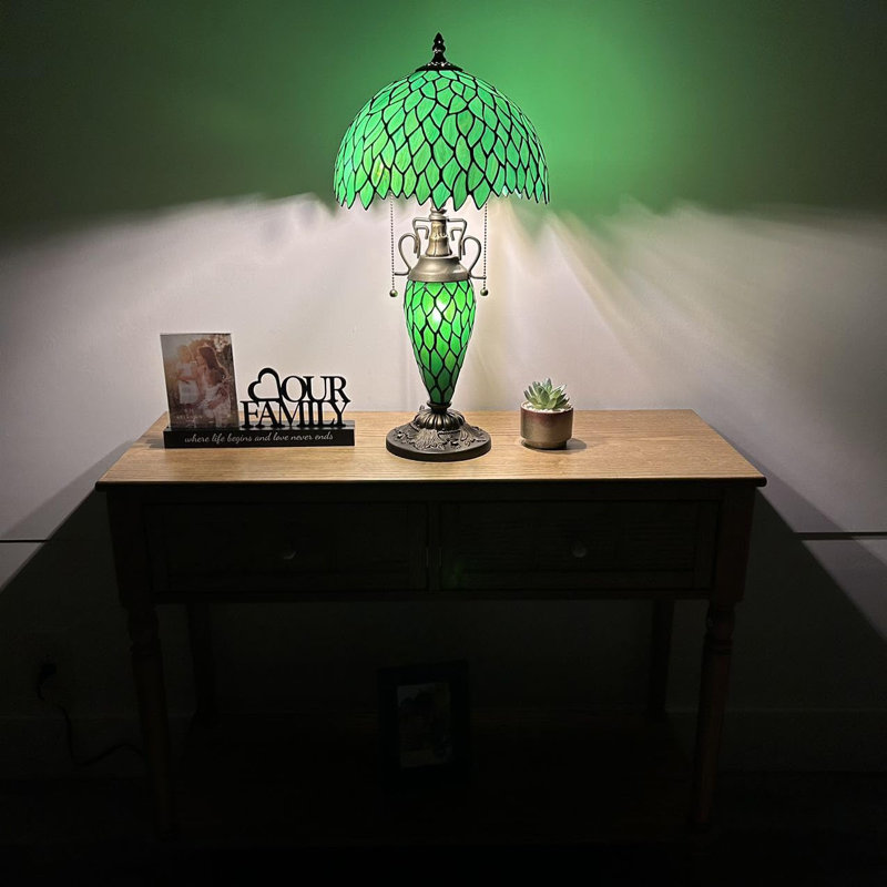 Green Stained Glass Tiffany Table Lamp with Bronze Base, 22" Height