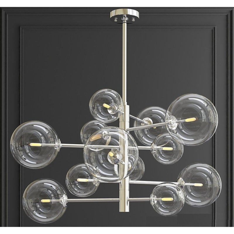 Lustre en fer et laiton, 42” Wide x 40” Height, Transparent, Nickel satiné